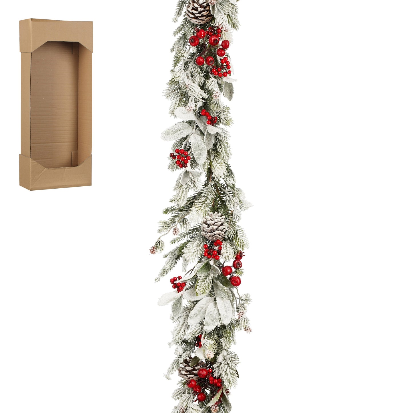 Festone Natale pino c/bacche e pigne l.178xl.155xh.9cm-verde innevato