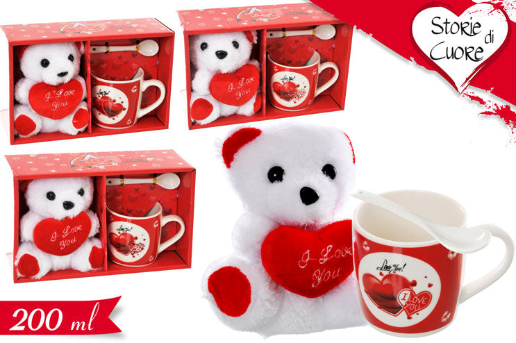 Tazza con cucchiaio 200 ml+orsetto peluche alt.13 cm-bianco-rosso