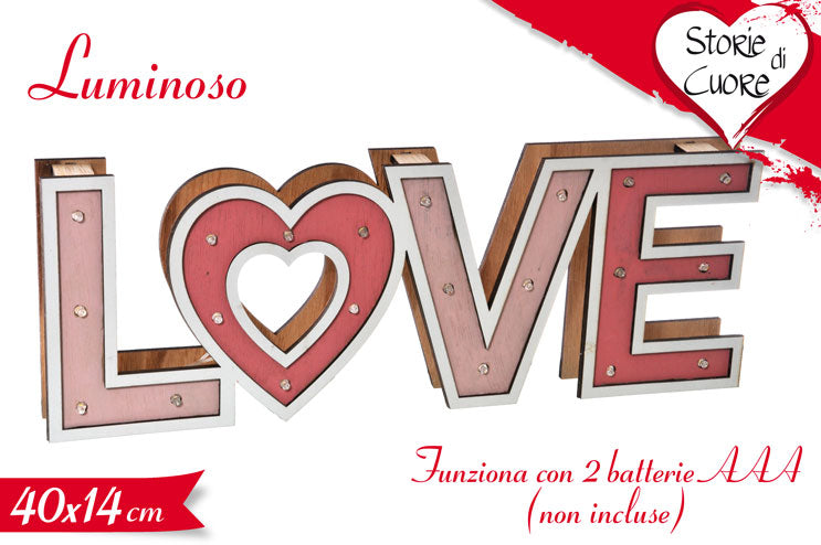 Scritta love luminosa in legno-Lun.40xAlt.14cm-naturale-rosa