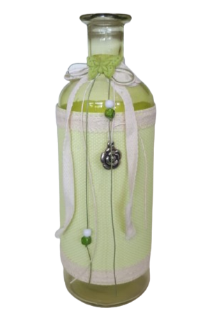 Bottiglia decoro tessuto e pizzo d.9xh.28 cm- verde