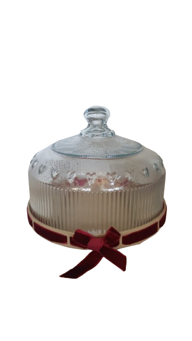 Cloche c/base in metallo rilievi cuori d.25xh.18 cm