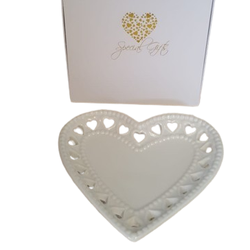 Piatto cuore ceramica decorato l.15xp.14xh.2,5cm-bianco