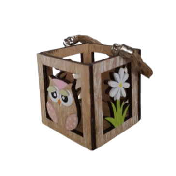 Portacandele in legno con decoro gufo e fiore l.7xp.7xh.7.5-naturale
