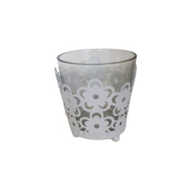Portacandele metallo decoro fiori d.7,5xh8 cm-bianco