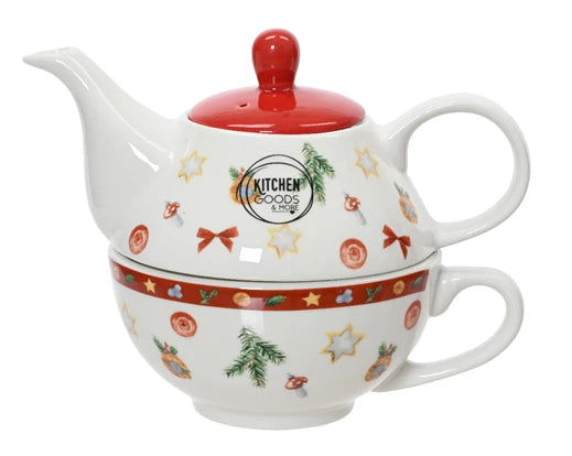 Teiera-tazza in porcellana Natale Lun.11.5cm Lar.16.5cm Alt.12.5cm-bianco-rosso
