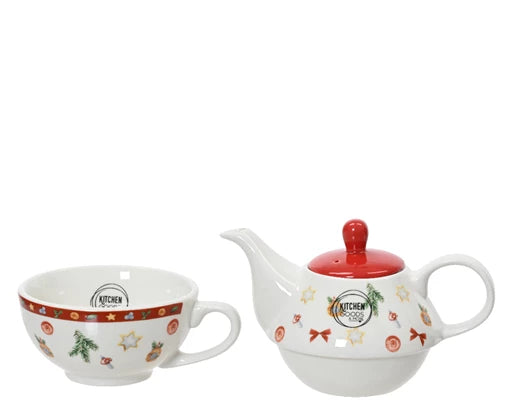 Teiera-tazza in porcellana Natale Lun.11.5cm Lar.16.5cm Alt.12.5cm-bianco-rosso