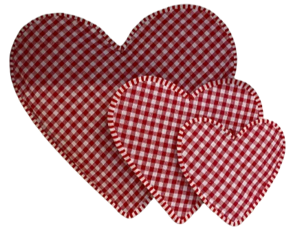 Cuori in tessuto quadretto set. 3 pz cm 30; cm 20; cm 15-rosso