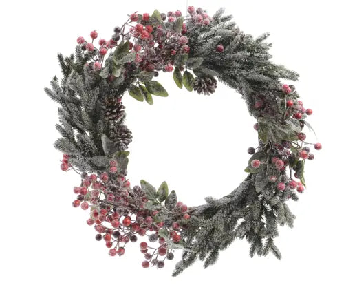 Corona Natale ghiacciata con bacche e pigne dia. 40 cm alt. 9 cm -verde-rosso
