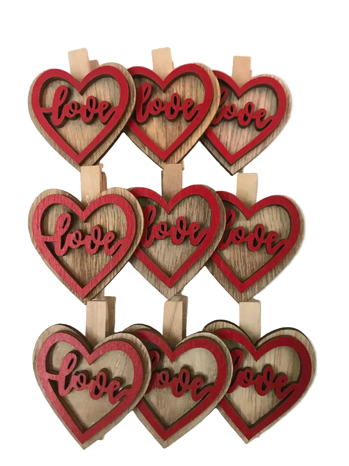 Mollette legno cuore e scritta love-Lar. 4,5; Alt. 4,00 cm-cf pz. 12