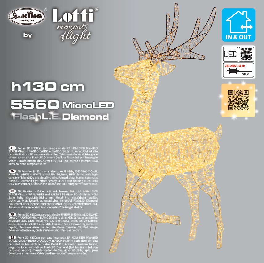 Renna 3D H130cm con zampa alzata RP HDM Metal Pro 5560 MicroLED FlashLED Diamond