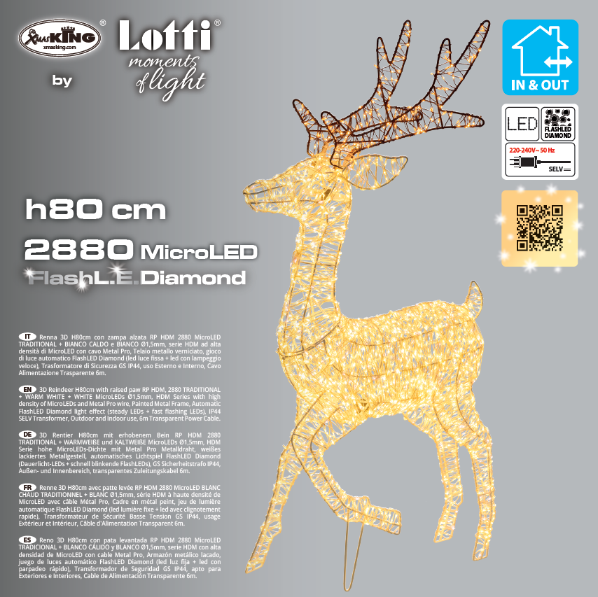 Renna 3D H80cm con zampa alzata RP HDM Metal Pro 2880 MicroLED FlashLED Diamond