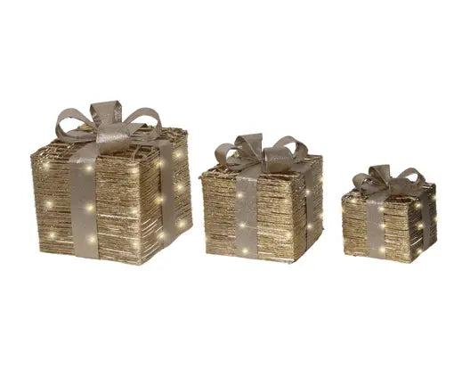 Scatole luminose con fiocco set pz. 3 lun. 25 lar.25 alt.30 cm-oro