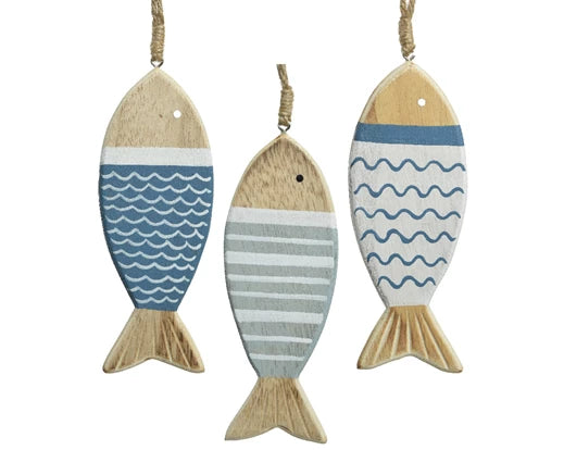 Pesci in legno da appendere set pz. 3 Lun. 1 cm Lar. 5.5 cm Alt.15 cm-blu