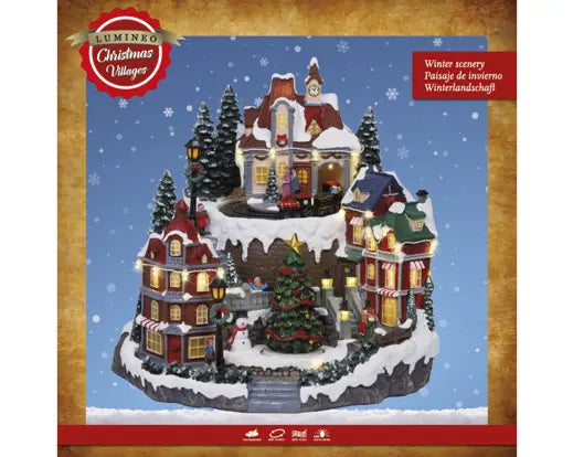 Villaggio in resina con musica e led Lun. 27cm Lar.30cm Alt.30.5cm-bianco caldo