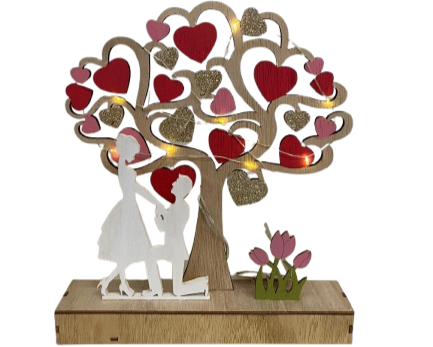 Albero della vita San Valentino MDF con Led lar.22xAlt.25cm-naturale/rosso
