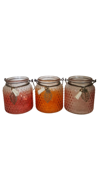 Portacandele in vetro decorazione foglia e fiore  d.9.5xh.11-  3 colori assortiti arancio e rosa