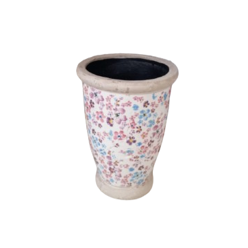 Vaso fiorato d.14,5xh.20cm-avorio con disegni rosa, celeste, lilla