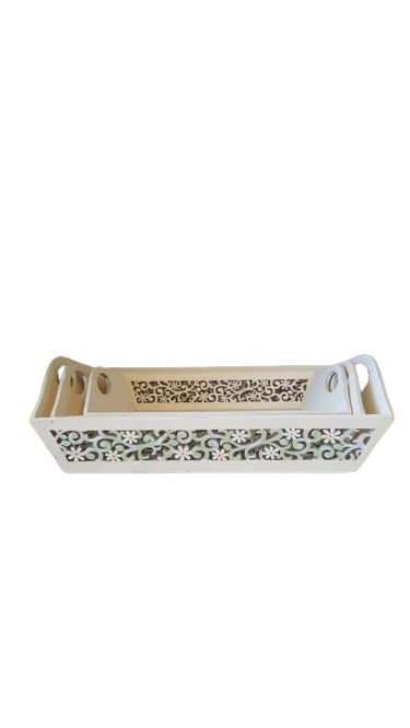 Vassoio legno con decoro set di 3 pz. l.38xp.27xh.7cm-crema