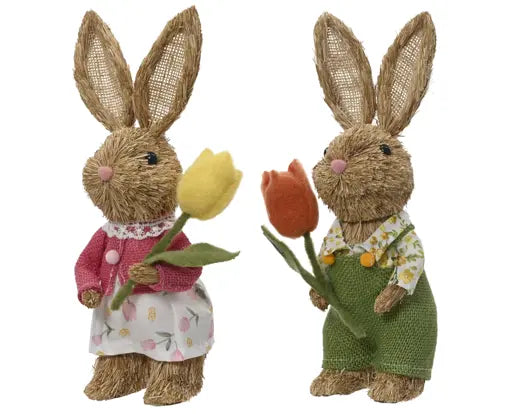 Coppia conigli paglia con tulipano Lun.12cm Lar.10cm Alt.27cm-multicolore