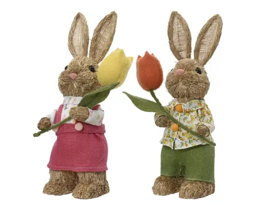 Coppia conigli in paglia con tulipano Lun.16cm Lar.11cm Alt.34cm-multicolore