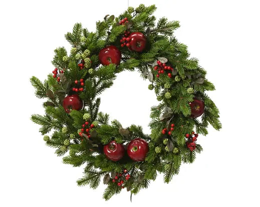 Corona pino dia 40 alt 12 cm-corona verde con mele rosse e bacche-verde-rosso