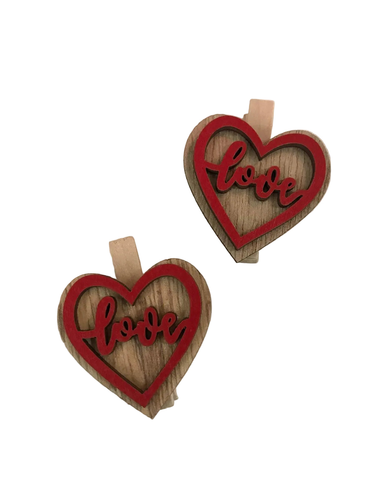 Mollette legno cuore e scritta love-Lar. 4,5; Alt. 4,00 cm-cf pz. 12