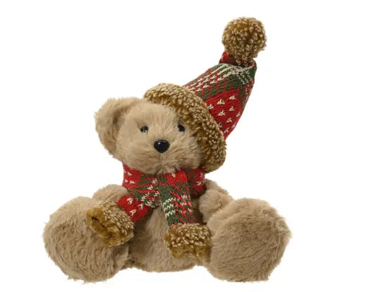 Peluche orsetto con sciarpa e cappello Natale  lun. 11 lar 18 alt 20 cm-beige