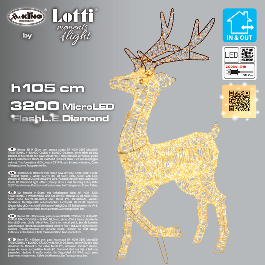 Renna 3D H105cm con zampa alzata RP HDM Metal Pro 3200 MicroLED FlashLED Diamond