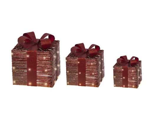 Scatole luminose con fiocco set pz. 3lun. 25 lar.25 alt.30 cm-rosso