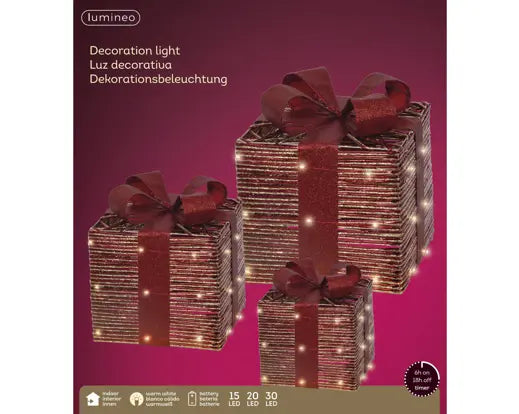 Scatole luminose con fiocco set pz. 3lun. 25 lar.25 alt.30 cm-rosso