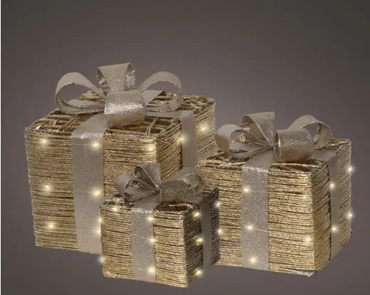 Scatole luminose con fiocco set pz. 3 lun. 25 lar.25 alt.30 cm-oro