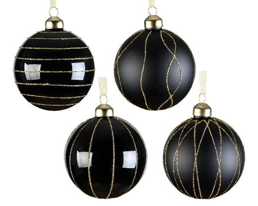 Sfere Natale in vetro d.8 righe oro assortite a 3 confezione pz. 12-nero opaco/lucido