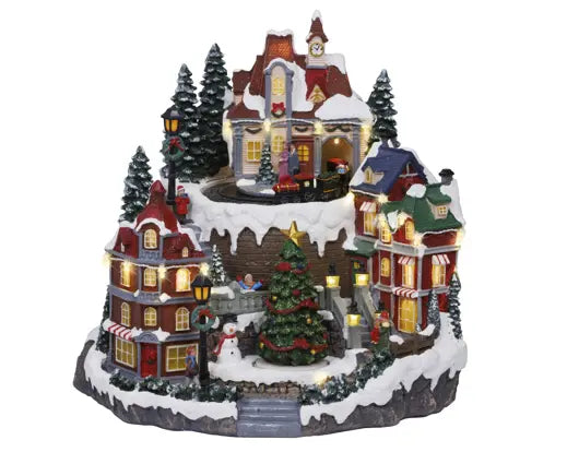 Villaggio in resina con musica e led Lun. 27cm Lar.30cm Alt.30.5cm-bianco caldo